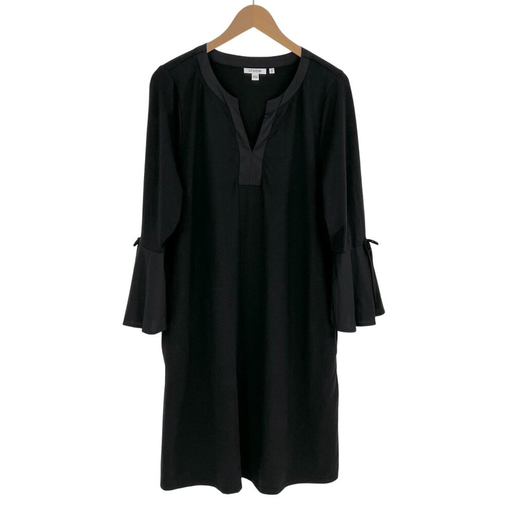 Chico's Women Bell Sleeve Midi Shift Dress Size 12 Black V Neck Pockets Pullover